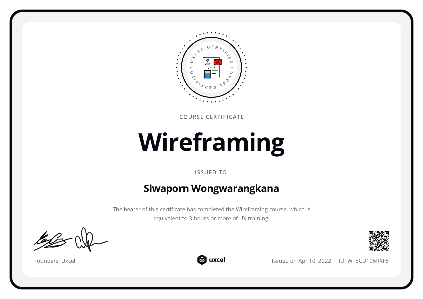 Siwaporn Wongwarangkana's certificate